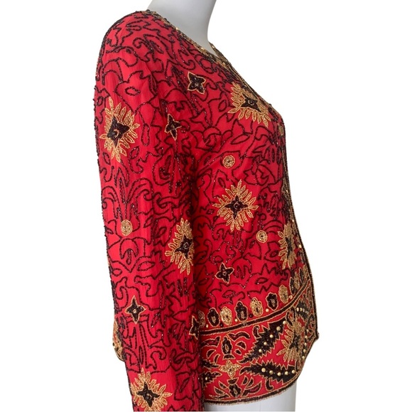 Papell Boutique Evening Vintage 90’s Silk Beaded Jacket Embellished Red Gold 12 - Picture 8 of 16